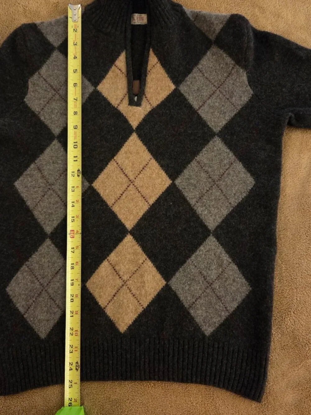 Y2K J Crew Pullover 1/4 Zip Argyle Mock Neck Sweater 100% Lambswool Mens S Brown
